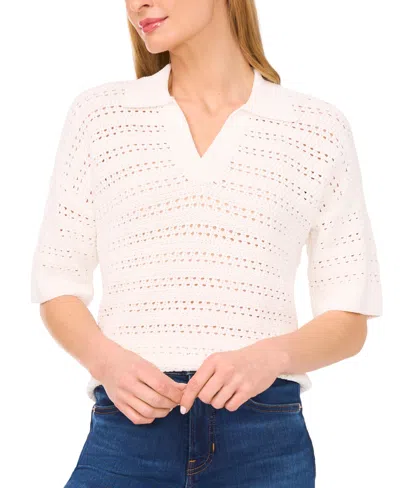 Cece Women's Open-knit Short-sleeve Polo Sweater In White