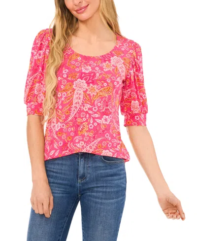 Cece Women's Paisley Print Crewneck Shirred Sleeve Knit Top In Bright Rose