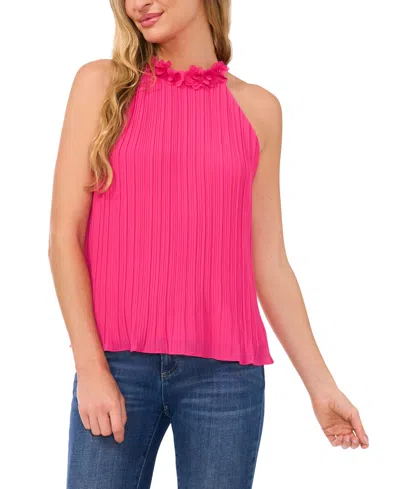Cece Women's Pleated Halter Neck Top With Floral Collar In Bright Rose