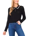 Cece Contrast Trim Pointelle Cotton Polo Sweater In Black