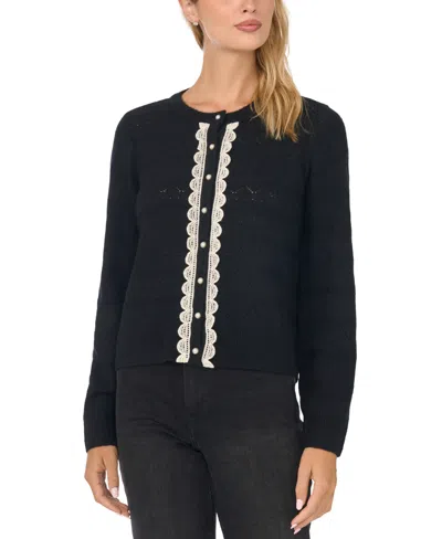 Cece Women's Pointelle Lace-trim Cardigan In Black