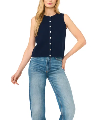 Cece Women's Pointelle Sleeveless Button-up Cotton Tank Top In Blue