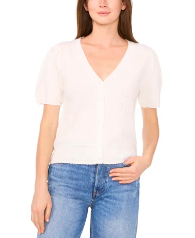 CECE WOMEN'S POINTELLE-STITCH SHORT-SLEEVE V-NECK CARDIGAN