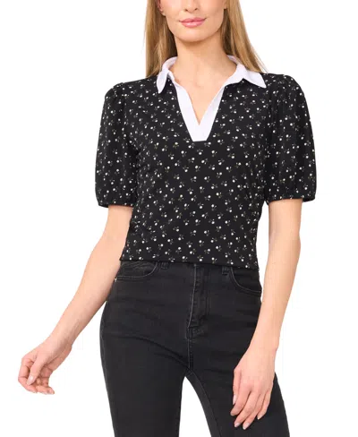 Cece Women's Printed Contrast-collar Puff-sleeve Top In Rich Black