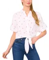 Cece Cherry Print Cotton Tie Front Button-up Shirt In White