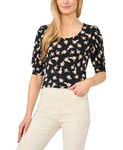 Cece Women's Printed Crewneck Shirred Top In Black