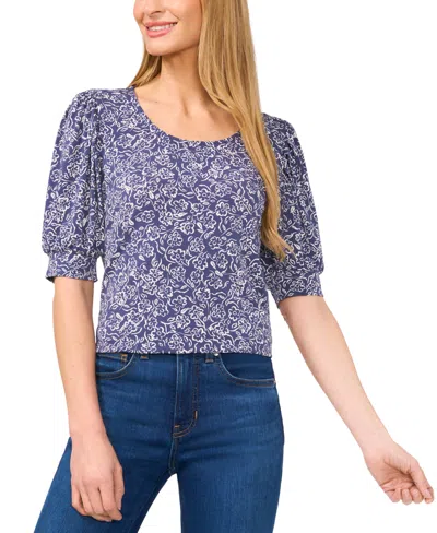 Cece Women's Floral Shirred Scoop-neck 3/4-sleeve Knit Top In Ocean Blue