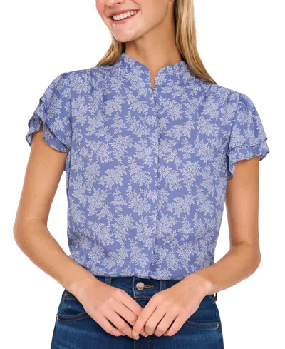 Cece Women's Printed Flutter Sleeve Button-front Blouse In Moonlight Blue