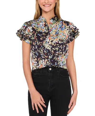 Cece Women's Printed Flutter-sleeve Hidden-placket Blouse In Classic Navy