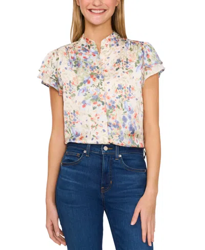 Cece Women's Printed Flutter-sleeve Hidden-placket Blouse In Egret