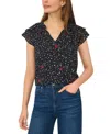 Cece Floral Dot Flutter Sleeve Split Neck Top In Black