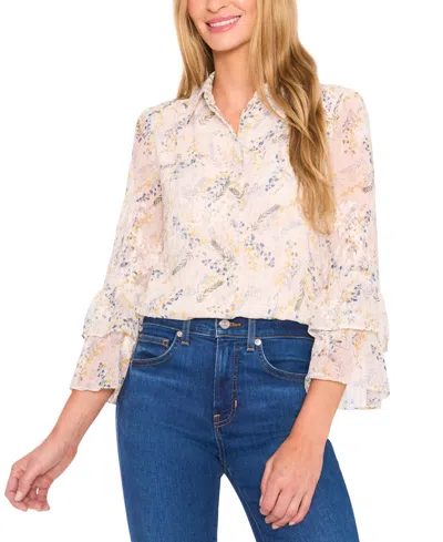 Cece Women's Printed Long-sleeve Ruffle-cuff Blouse In Neutral