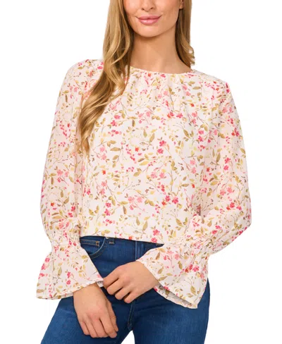 Cece Women's Printed Long-sleeve Smocked-cuff Blouse In New Ivory