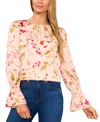 Cece Printed Smocked Cuff Crewneck Blouse In Sugar Peach
