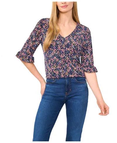 Cece Women's Floral V-neck 3/4-sleeve Ruffled Cuff Blouse In Classic Navy