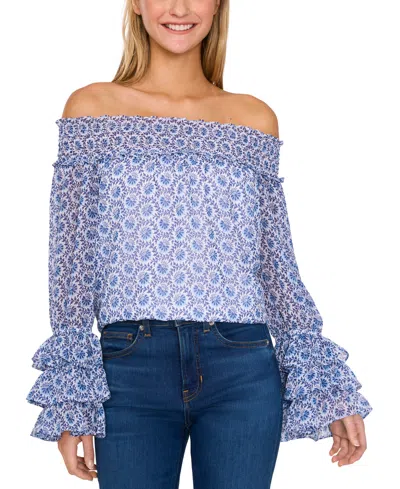 Cece Women's Printed Ruffled Off-the-shoulder Blouse In Ultra White