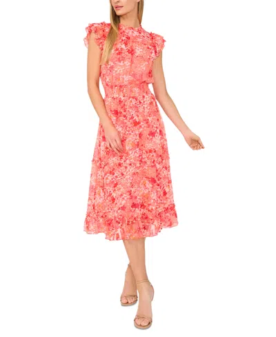Cece Floral Flutter Sleeve Smocked Midi Dress In Deep Sea Coral