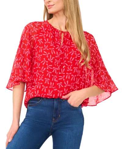 Cece Bow Print Flutter Sleeve Top In Scarlet Glow