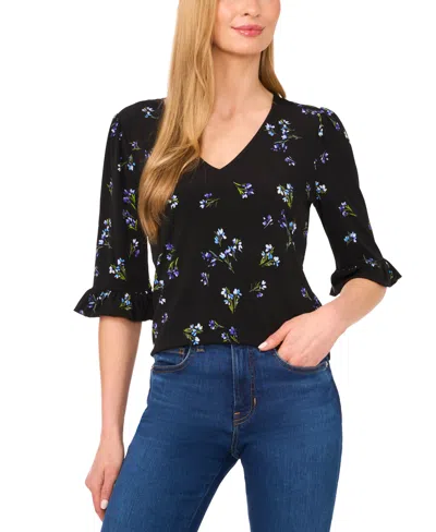 Cece Floral Ruffle Sleeve Top In Black