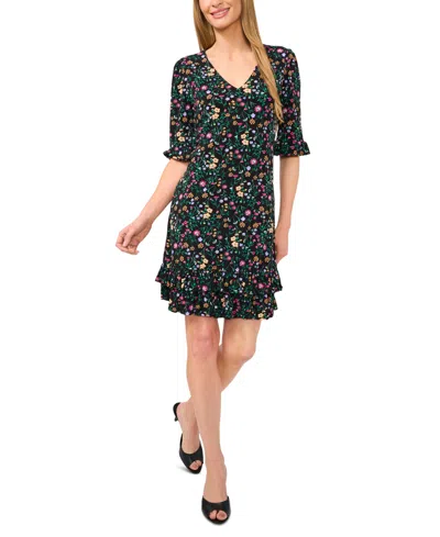 Cece Women's Printed V-neck Ruffle Shift Dress In Rich Black