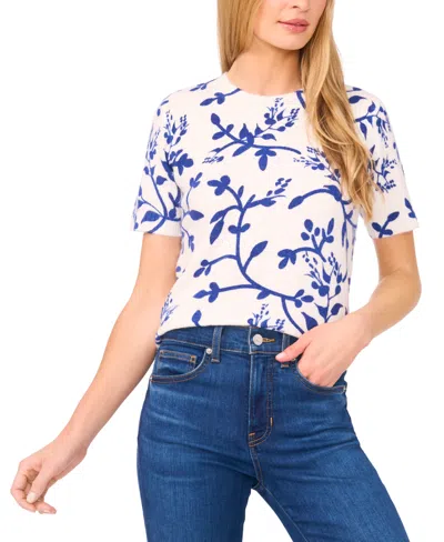 Cece Women's Printed Vines Short Sleeve Sweater In White