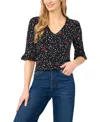 Cece Floral Dot Flutter Sleeve Split Neck Top In Black