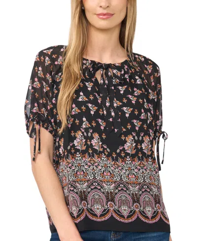 Cece Women's Puff Raglan Short-sleeve Tie Neck Floral-print Blouse In Multi