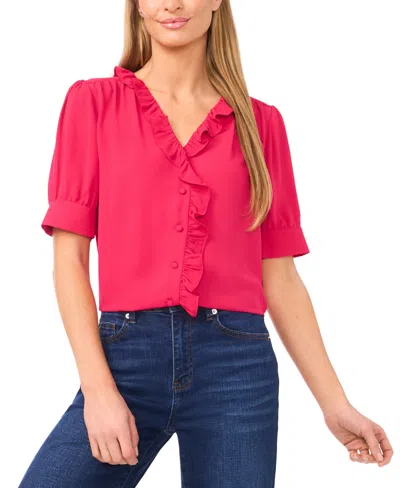 Cece Women's Puff Short-sleeve Button Down Ruffle Top In Pink