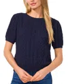 Cece Women's Puff Short Sleeve Mixed Cable Knit Crew Neck Sweater In Classic Navy