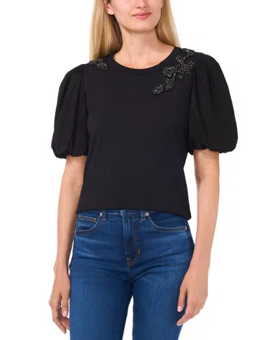 Cece Embellished Puff Sleeve Mixed Media Top In Rich Black