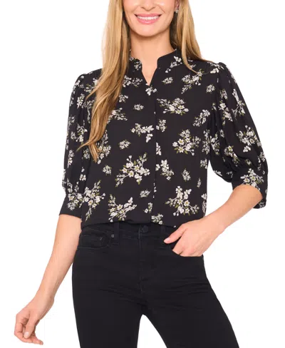 Cece Women's Puff Sleeve Button Down Shirring & Bow Detail Shirt In Black