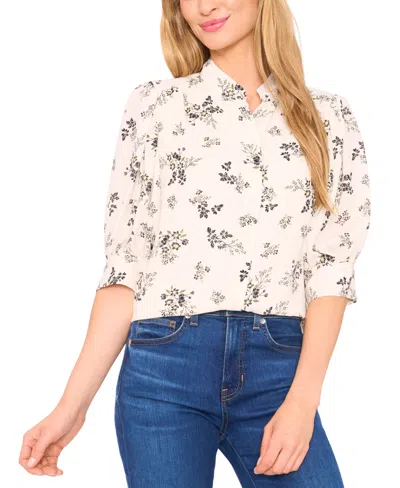 Cece Women's Puff Sleeve Button Down Shirring & Bow Detail Shirt In Neutral
