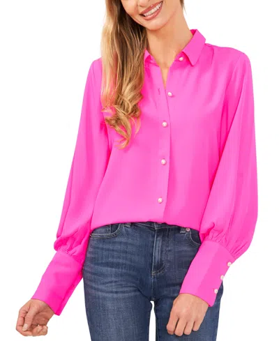 Cece Women's Puff Sleeve Button-up Shirt In Pink Shock