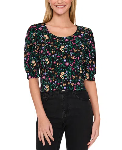 Cece Women's Puff-sleeve Printed Knit Top In Rich Black