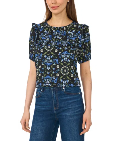 Cece Women's Puff Sleeve Yoke Floral-print Blouse In Blue