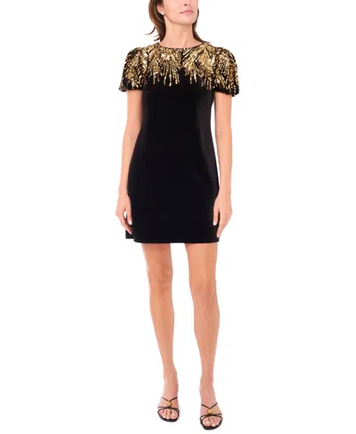 Cece Women's Puffy Scoop Neck Short Sleeve Dress In Black