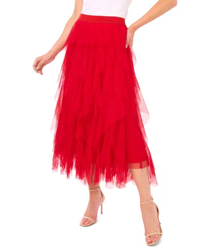 Cece Women's Pull-on Ruffled Tulle Midi Skirt In Red