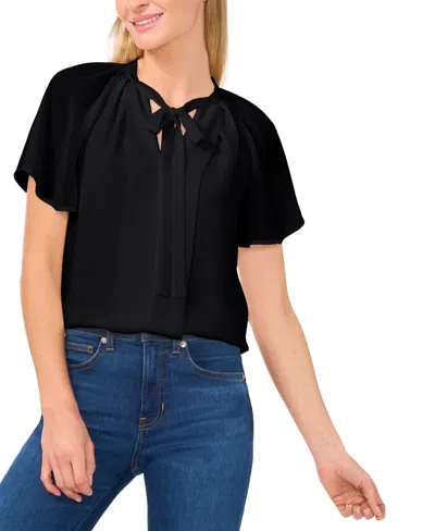 Cece Women's Raglan Flutter-sleeve Pleated Bow Blouse In Rich Black