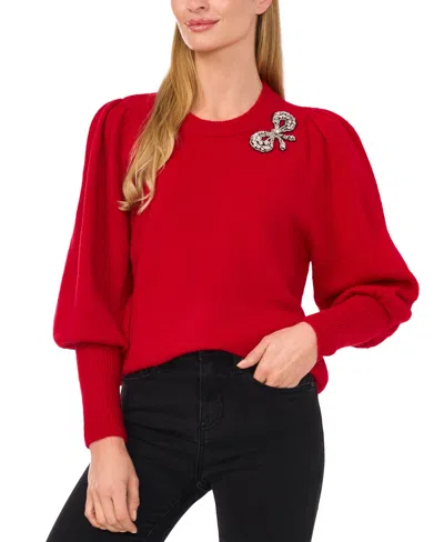 Cece Women's Rhinestone Bow Crew Neck Sweater In Glamour Red