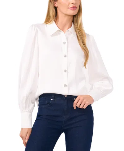 Cece Womens Satin Rhinestone Button-down Top In New Ivory