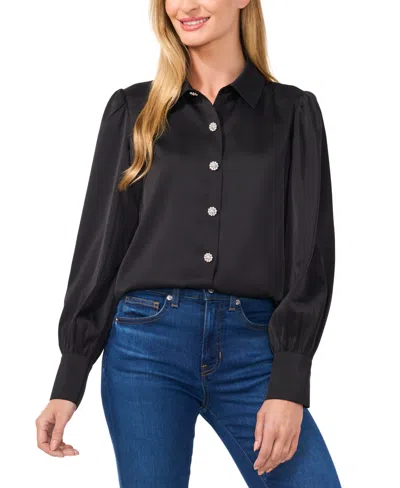 Cece Long Sleeve Blouse With Rhinestone Buttons & Exaggerated Collar In Rich Black