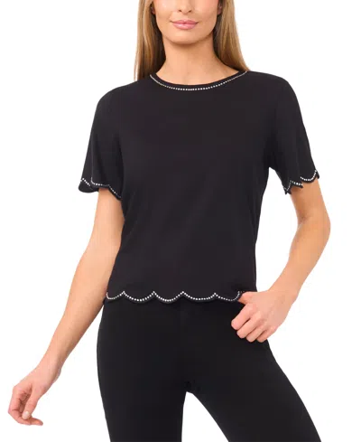 Cece Women's Rhinestone Scalloped Knit Top In Black