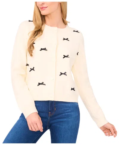 Cece Women's Ribbon Applique Crewneck Cardigan Sweater In Yellow