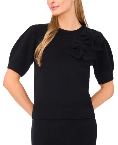 Cece Women's Ribbon Applique Short Sleeve Pullover Sweater In Black