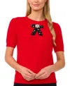 Cece Embellished Velvet Bow Short Sleeve Sweater In Bright Cherry