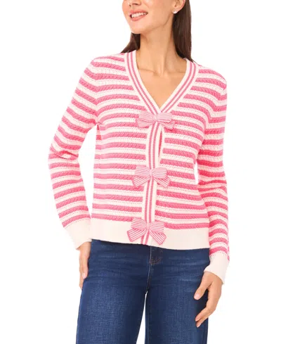 Cece Women's Ribbon-trim Striped Long-sleeve Sweater In Pink
