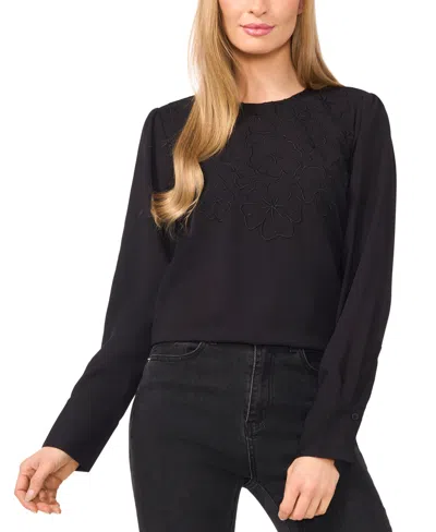 Cece Women's Round-neck Long-sleeve Floral-eyelet Top In Rich Black