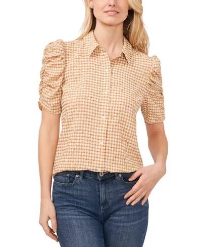 Cece Women's Ruched Sleeve Collared Button Down Blouse In Light Sand