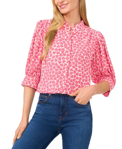 Cece Women's Heart-print Ruched 3/4-sleeve Collared Blouse In Rose