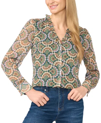 Cece Women's Ruffle Button-front V-neck Blouse In Multi